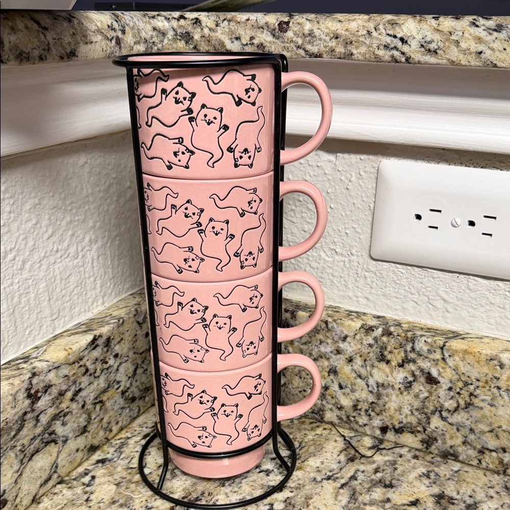 Stackable Pink Cat Ceramic Mug Set with Metal Stand